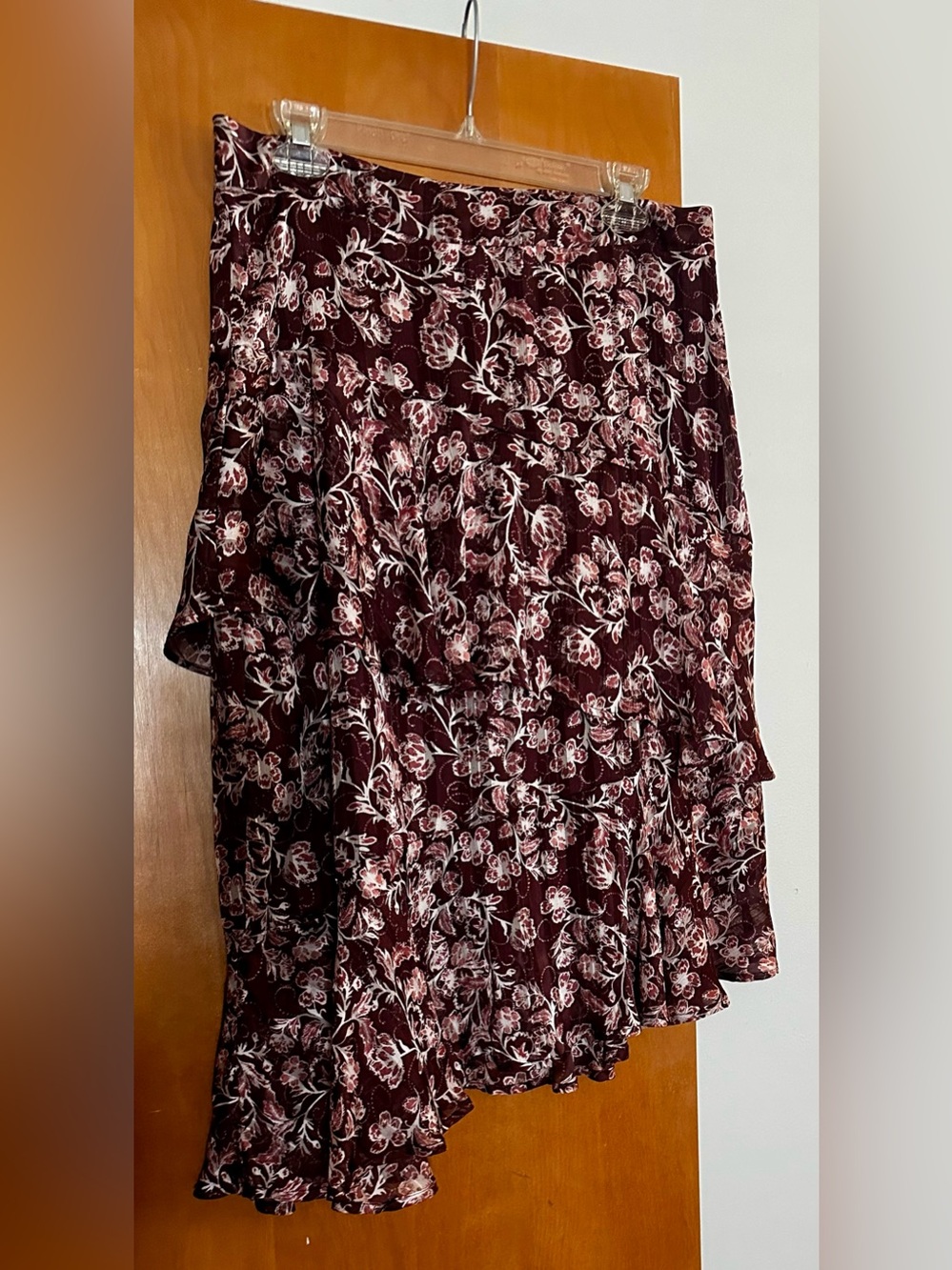 Knox Rose Burgundy Floral Asymmetrical Ruffle Skirt